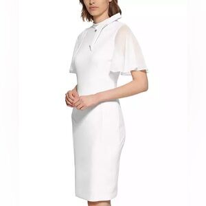 CALVIN KLEIN White Tie-Neck Chiffon-Flutter-Sleeve Sheath Dress